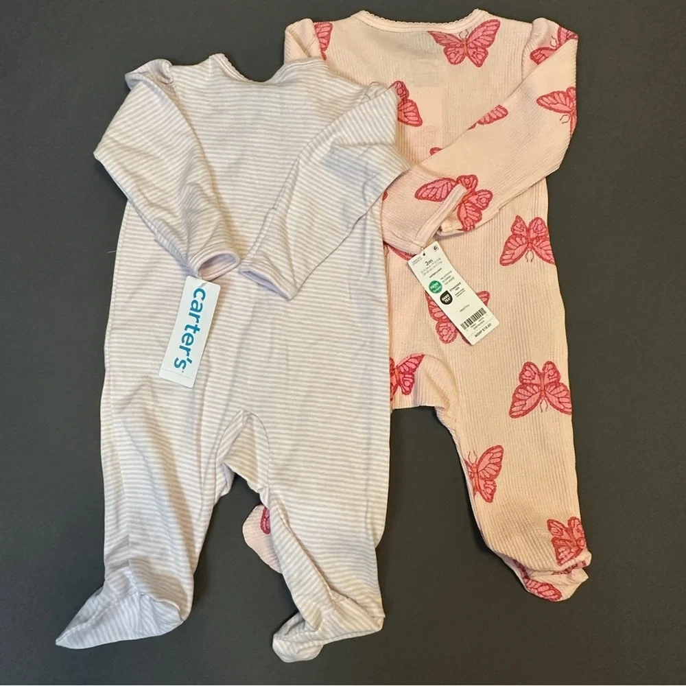 Carters Baby Girls 2 Pack 3M Footed Sleepers Pink Butterfly Purple Bunny Stripe